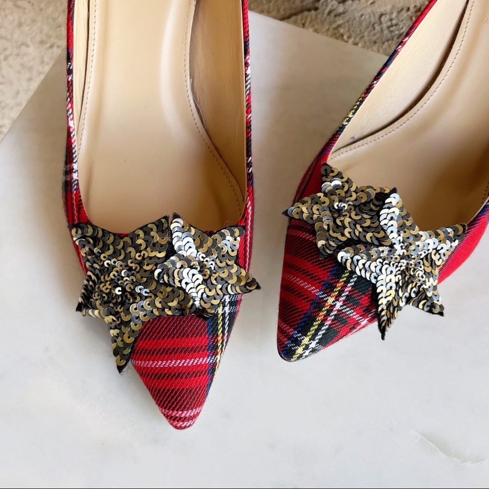 J. CREW COLLECTION Tartan Plaid Silver Sequin Star Pointy Toe Lucie Pumps Heels